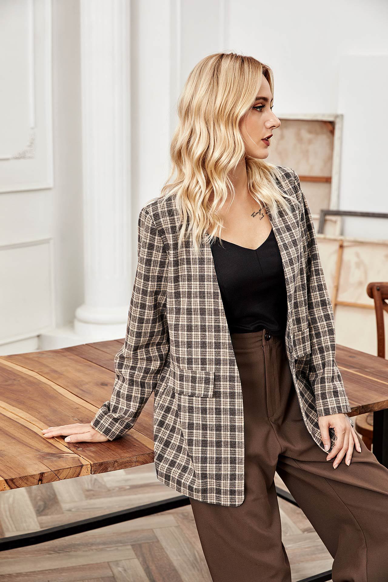 temperament plaid long suit jacket  NSLM28997