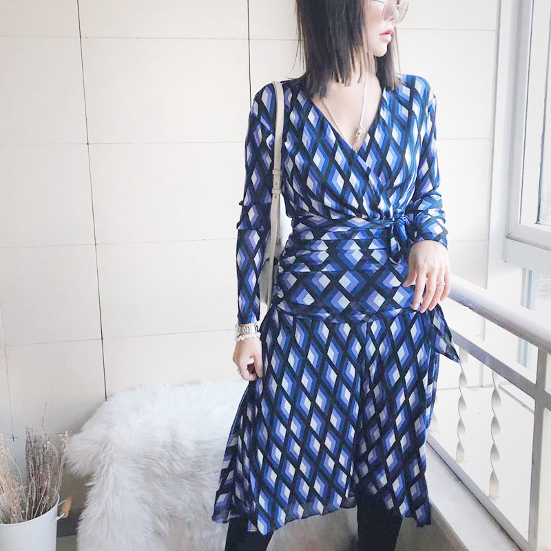 D家专柜同款进口弹力氨纶网面料 白蓝格网布一片式裹身连衣裙