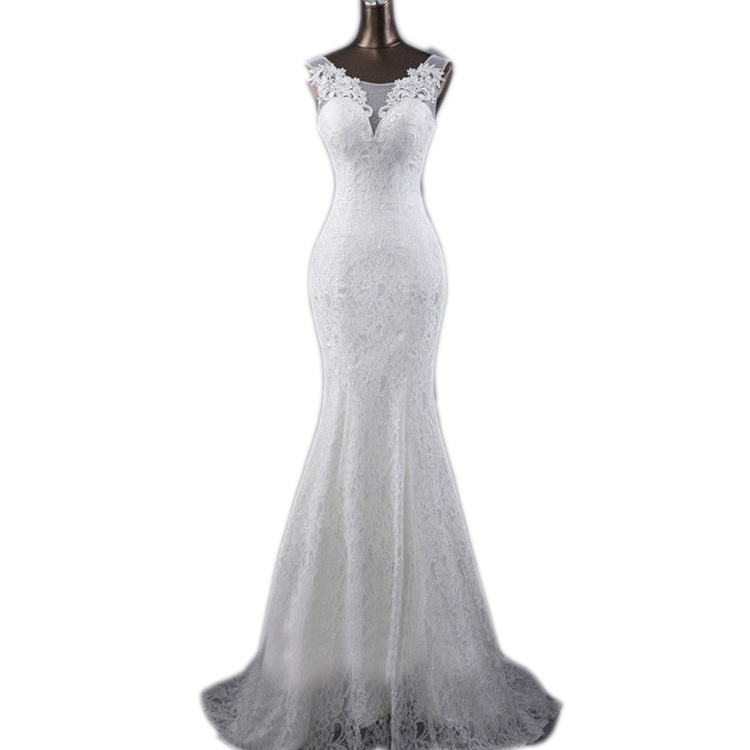 Foreign Trade 2024 Autum New White Lace Fishtail Bridal Wedding Dress Slimming Look Double Shoulder Tail Wedding Dress Large Size Order