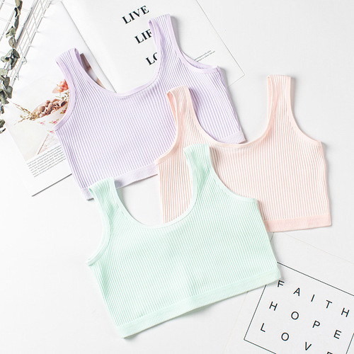 Double-layer threaded bra vest for teenage girls in developmental period. Pure cotton U-shaped wide band children's bra. Sports and breathable.