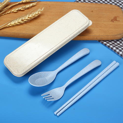 Wheat straw three-piece tableware set, portable children's tableware set, spoon, fork and chopsticks, small opening gifts