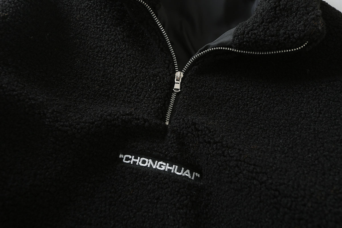 thick grain cashmere letter embroidery half high neck zipper drawstring plush sweater  NSAM3854