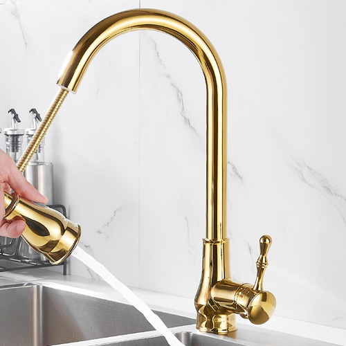 All-copper gold kitchen faucet pull-out sink faucet hot and cold household telescopic rotating sink faucet