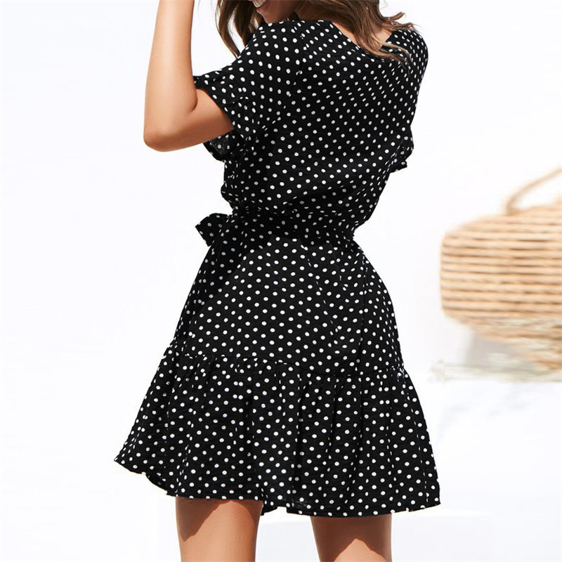 Sexy Polka Dot Print V-Neck Button Lace Chiffon Dress NSYF2159