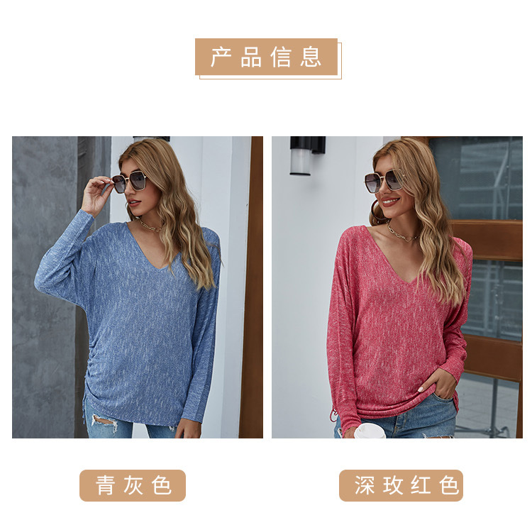 V-neck thin knit sweater women hot style women s drawstring pullover bat sleeve loose knit top NSYH7146