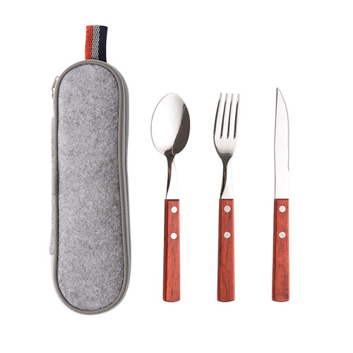 Amazon Best Seller Set of Wooden Handle Steak Knife, Fork, and Spoon with 304 Stainless Steel - Western Cuisine Gift with Logo