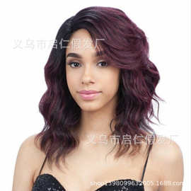 2020新款假发 女士侧分短卷发bobo 染色黑紫短发 水波纹卷发 wig