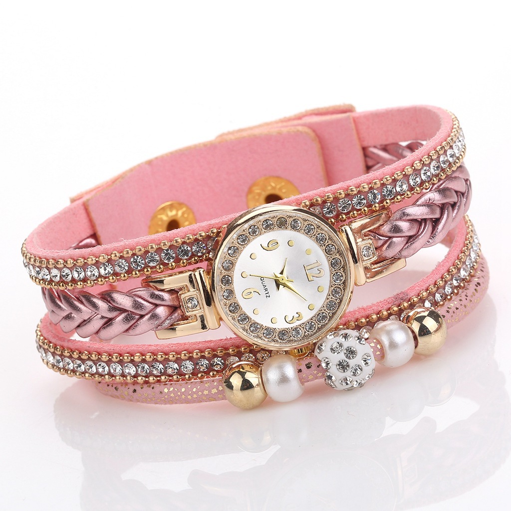 Fashion  Round Bracelet Diamond-studded Pearl Beaded Pu Belt Watch display picture 6