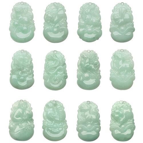 Jadeite twelve zodiac pendants, jade A-grade zodiac patron saint, floating flowers, bean green jade zodiac signs