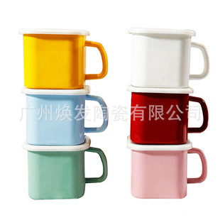Large Thickened Old-Fashioned Tea Jar Large Capacity Enamel Water Cup Square Drinking Cup Home Dormitory Enamel Toothbrushing Mouthwash Cup