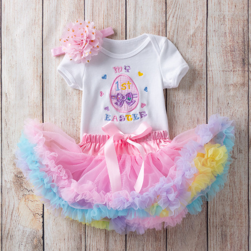 Baby birthday party dresses cover Easter girl embroidered egg short sleeve hatsuit half length puffy skirt