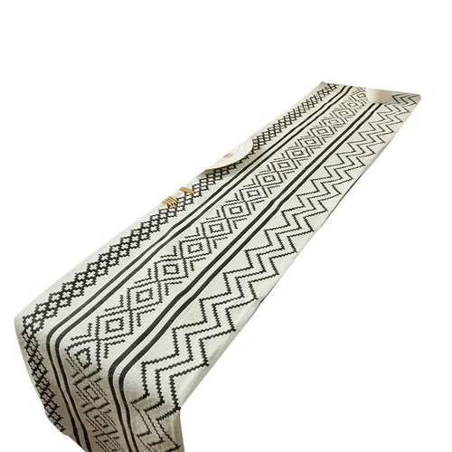 New Home Sheer Tablecloth with Geometric Line Style, Fringe, Double Layer, Minimalist Nordic Style