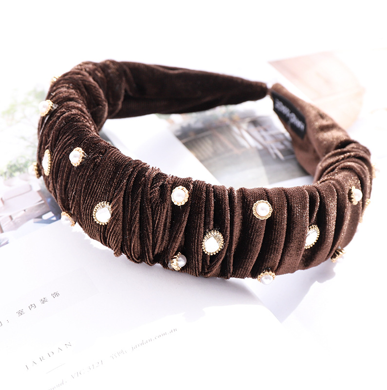 Velvet Fabric Folds Pearl Rhinestone Headband display picture 6