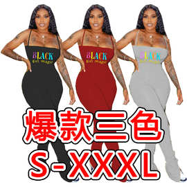 D9251亚马逊热卖跨境欧美女装 休闲皱褶开叉微喇叭吊带印花连体裤