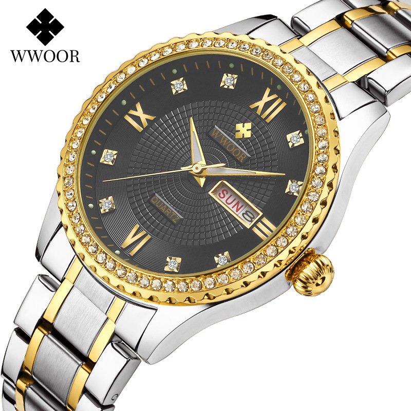 WWOOR Holding Love nueva pareja casual reloj de cuarzo para hombre calendario impermeable rhinestone reloj de moda para mujer 8856