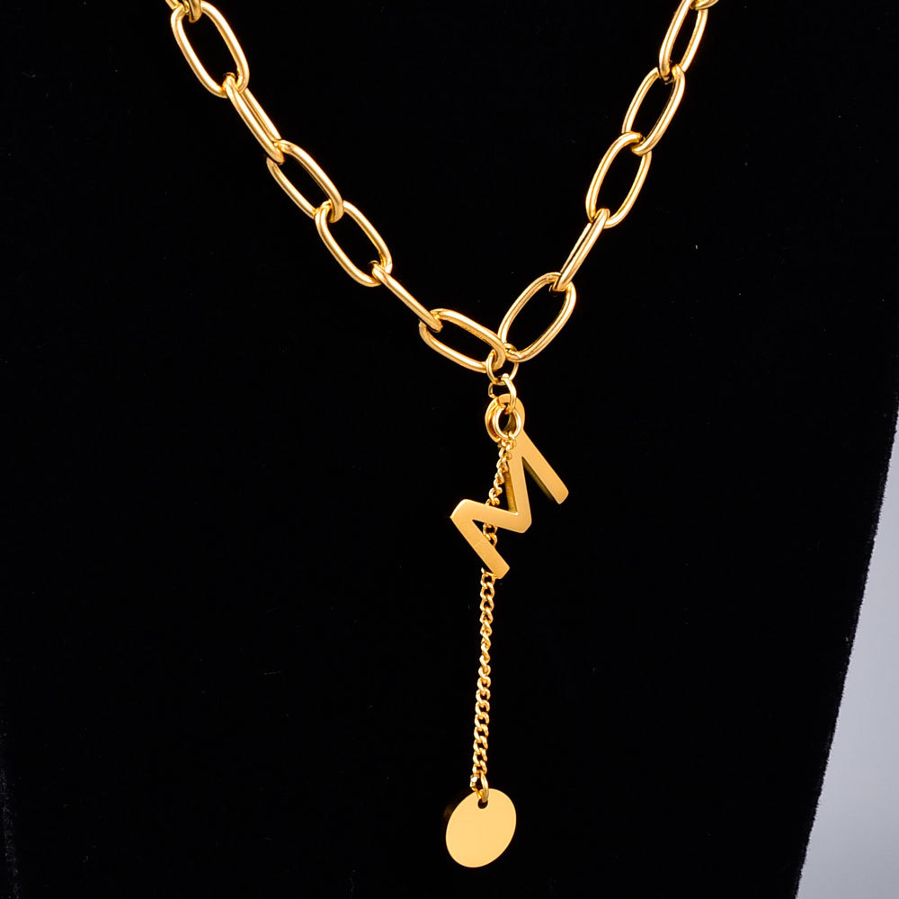 Fashion Lock Chain M Letter Tassel Disc Necklace Clavicle Chain Titanium Steel Plated 18k Gold display picture 1