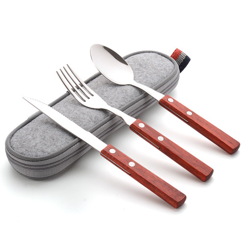 Amazon Best Seller Set of Wooden Handle Steak Knife, Fork, and Spoon with 304 Stainless Steel - Western Cuisine Gift with Logo