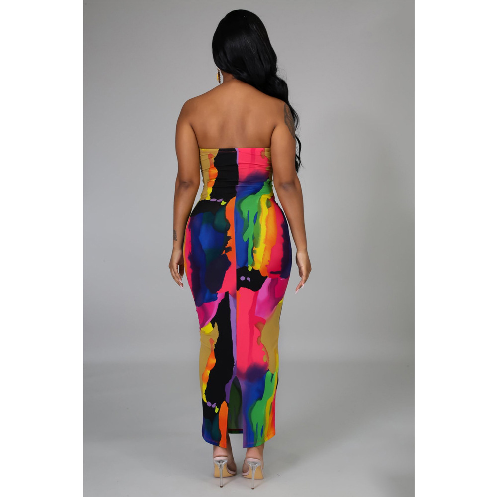 Wrap Chest Twist Tie Dye Slit Hollow Dress NSASL128360