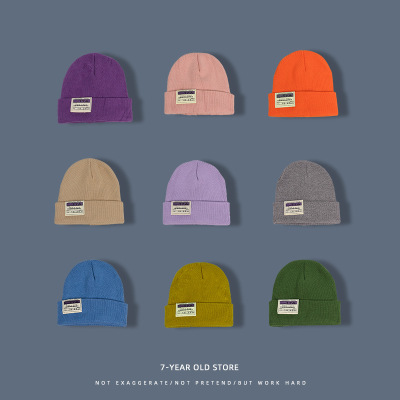 秋冬毛线帽子女韩版百搭针织帽字母贴布时尚保暖帽学生街头冷帽男|ms