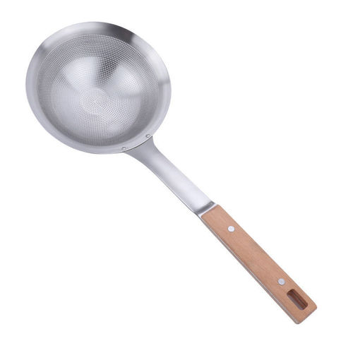 Mingwei 304 stainless steel colander with wooden handle, thickened large household kitchen strainer for dumplings and noodles, frying net