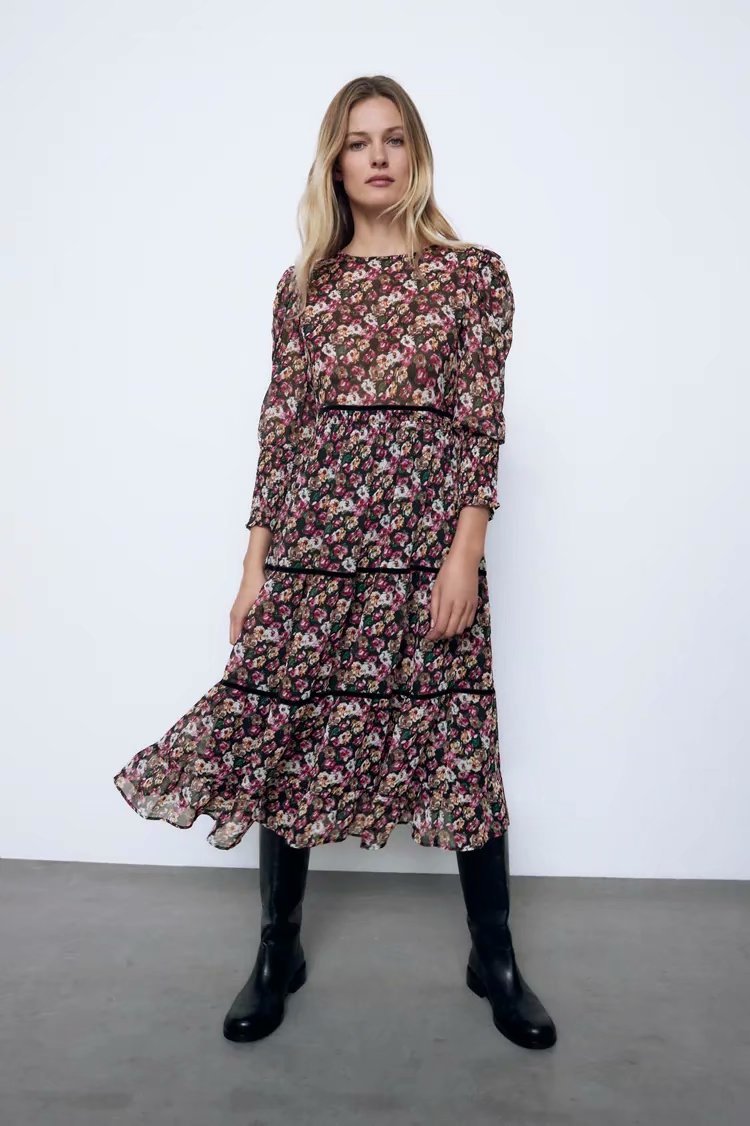 winter watermark flower print long sleeve dress  NSAM17451