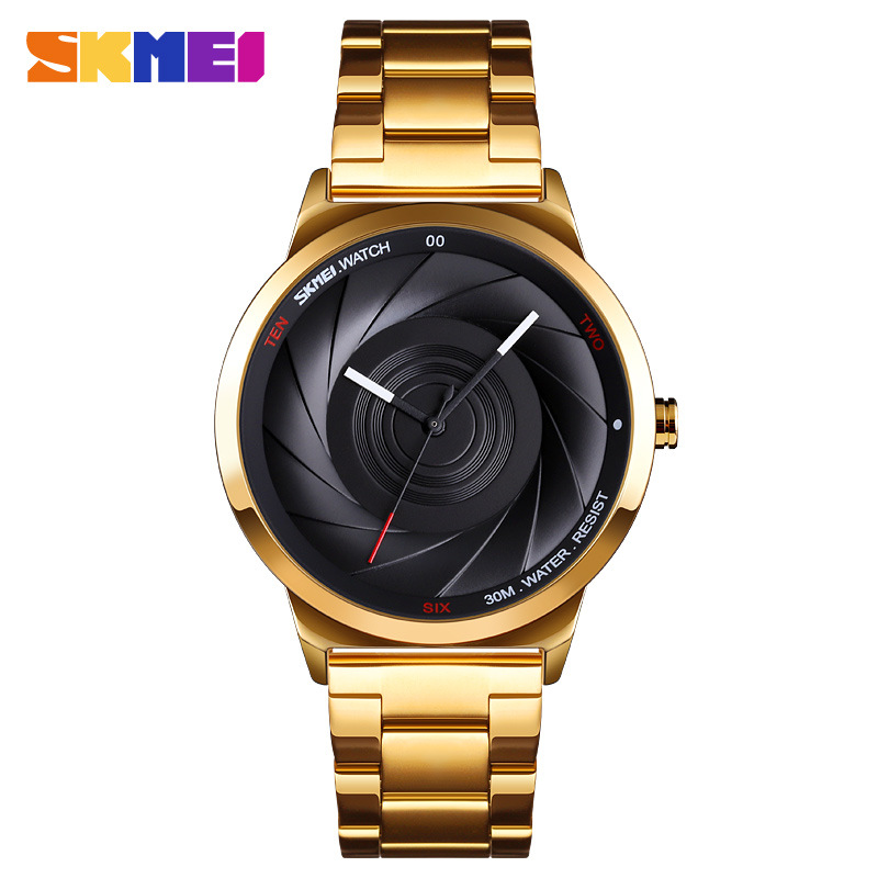Skmei 9210 moda hombres de moda de negocios Reloj simple tridimensional superficie impermeable de alto grado de oro reloj de cuarzo
