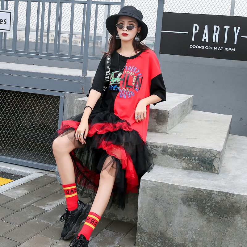 潮牌大码连衣裙2020夏季新款时尚个性撞色拼接网纱字母印花T裙女|ms