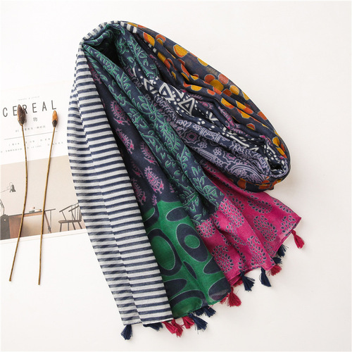 Foreign trade export original single ethnic style plant flower contrasting color cotton and linen scarf silk scarf travel sun protection shawl for women