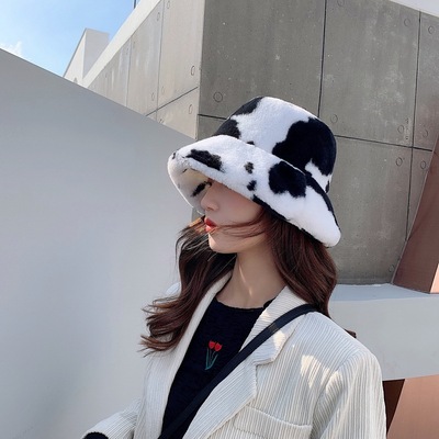 网红奶牛纹渔夫帽 女韩版ins毛绒保暖盆帽秋冬日系时髦显脸小帽子