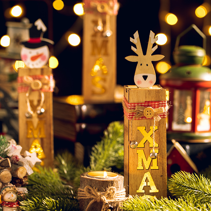 Papá Noel de madera muñeco de nieve alce con decoración de luces de noche regalos de Navidad iluminarán decoración luminosa