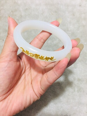 新疆玉器批发白玉黄金镶嵌和田玉龙凤呈祥手镯 新款创意礼品|ru