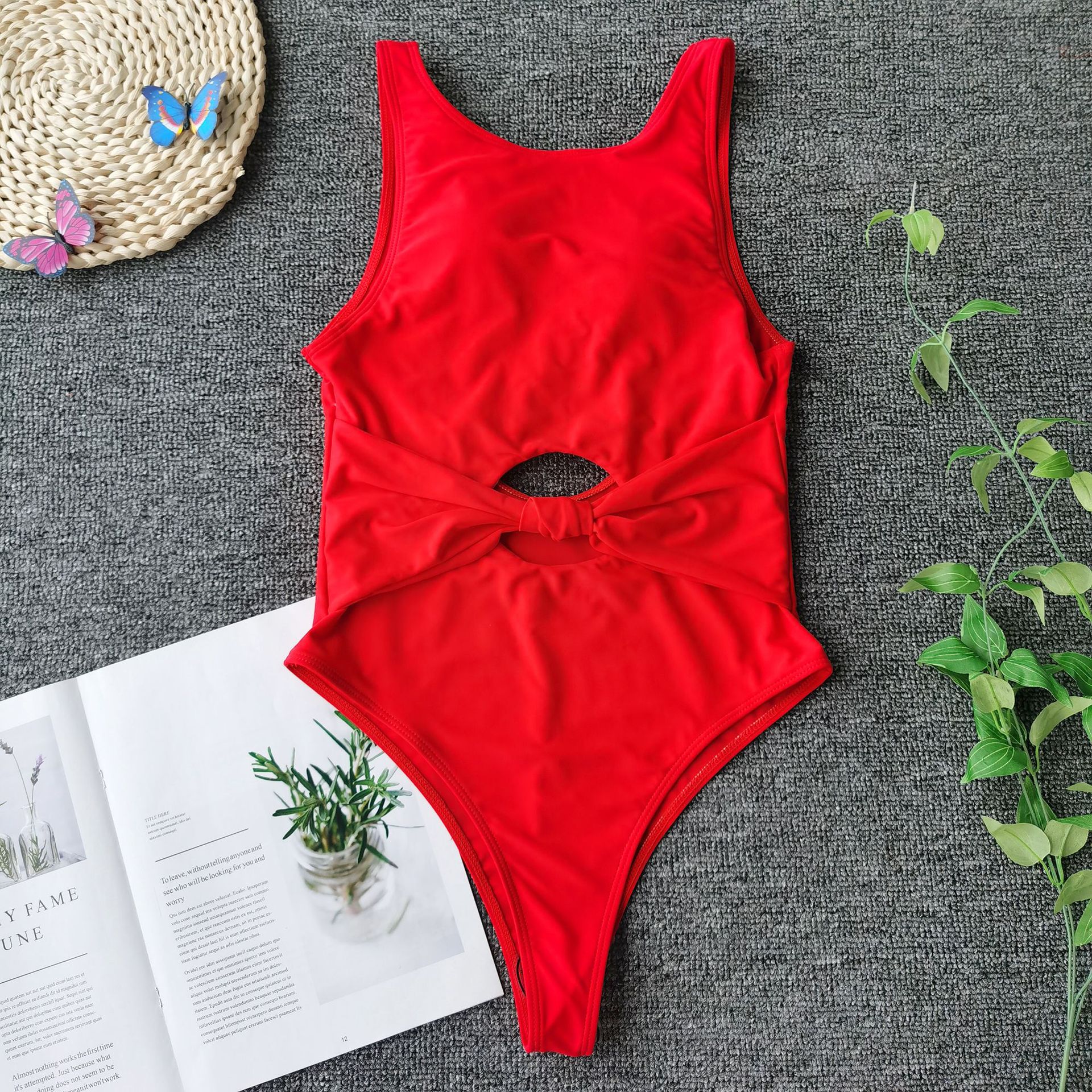 Solid Color Bowknot Hollow One-Piece Swimsuit NSCMB98666