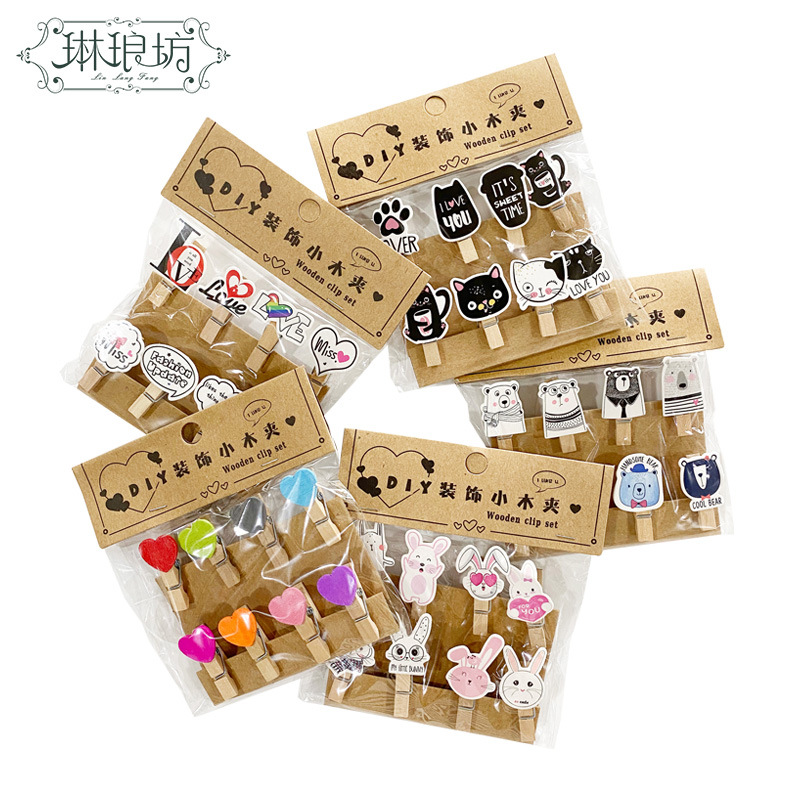 Decorativo de dibujos animados pequeño clip de madera floral flor Mensaje de embalaje pequeño clip de madera foto colgante de pared clip de color creativo