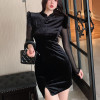 Gold velvet cheongsam skirt slit wrap hip skirt mesh Long Sleeve Dress