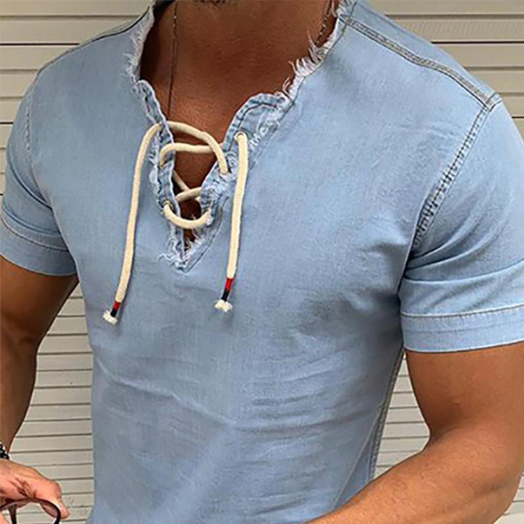 Men's Shirt Lace Up Tassel Elastic Denim Shirt