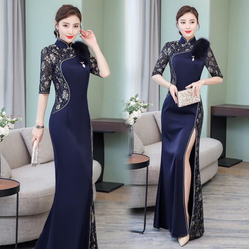 Cheongsam traditional chinese dress navy lace qipao long cheongsam spring female dignified atmosphere dress