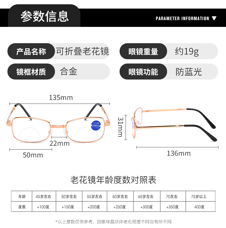 远近两用防蓝光双光老花镜金属框折叠便携带盒老光镜多功能老视镜详情9