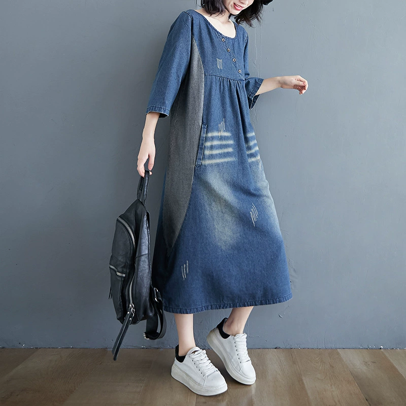 Retro long autumn denim dress, plus size, loose fit, mid-length, maxi length