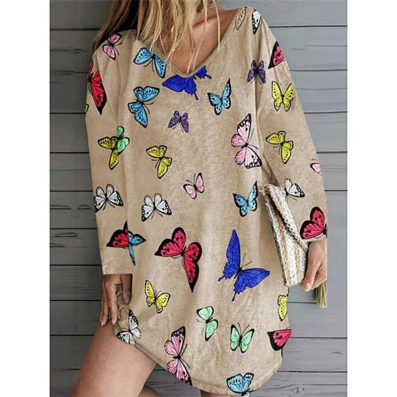 butterfly print long sleeve V-neck dress  NSZH22148