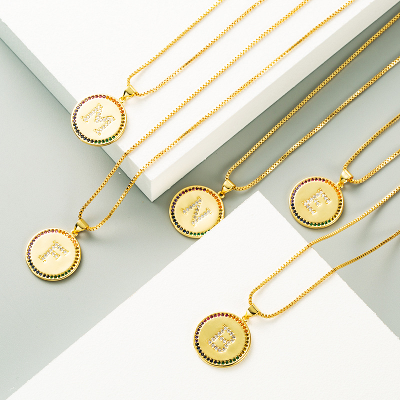 letter colorful gemstone hip hop  copper plated real gold letter Necklace wholesale