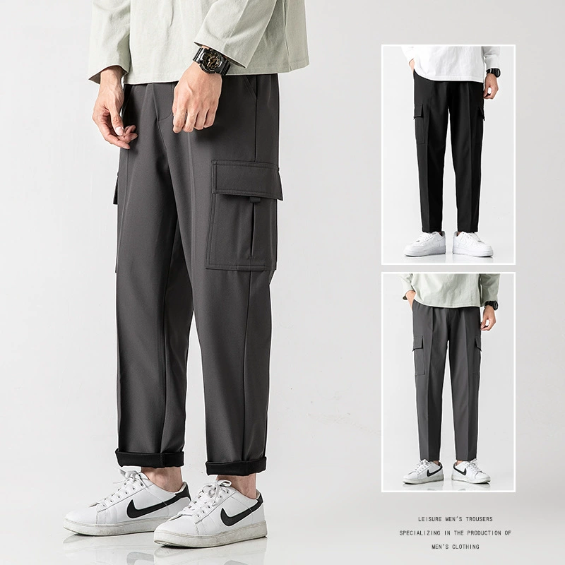 Брюки в гонконгском стиле, мужские укороченные комбинезоны с несколькими карманами, Модные свободные облегающие универсальные спортивные тонкие брюки до щиколотки в Корейском стиле