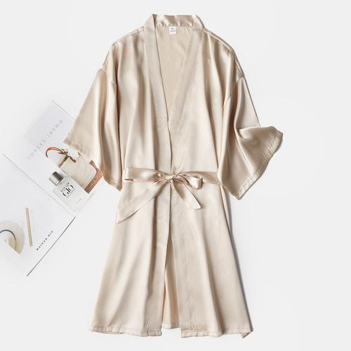 Women's Half Sleeve Silk Simulated Sleep Dress Wedding Makeup Dress Thin Cardigan Dress Bride Morning Dress BFF Dress Solid Color No Words 