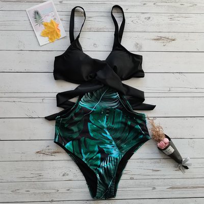 2021年 亞馬遜新款連體樹葉印花泳衣歐美跨境專供泳裝 廠家批發