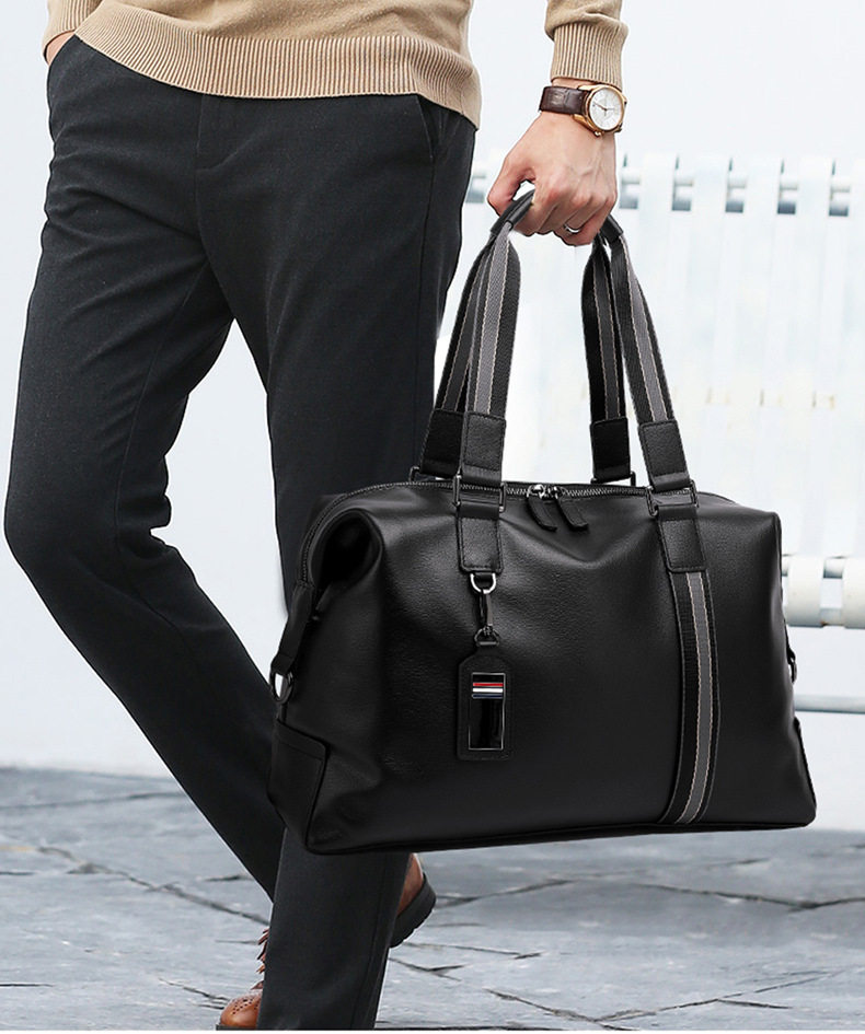 Túi du lịch xách tay nam da bò lớp đầu, túi tập gym kiêm túi hành lý đeo vai 40×16×25 cm — Màu đen chi tiết 2