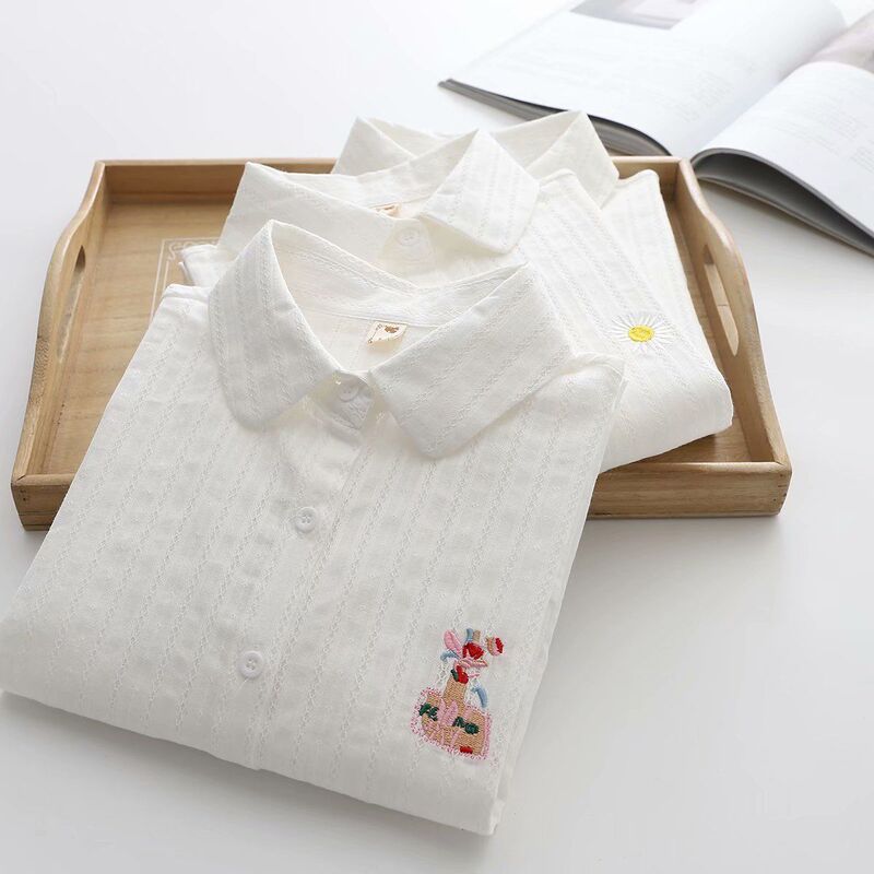 Autumn New Korean Style Artistic Lace Hollow Striped Shirt Women's Long Sleeve Daisy Embroidered White Base Shirt Cotton