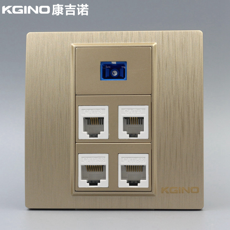 拉丝金86型网络电话光纤插座 2个CAT5E电脑2个CAT3语音SC光纤面板