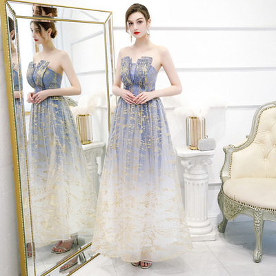 Evening dress Strapless long dress gradient blue stamping high-end dress dress dress women