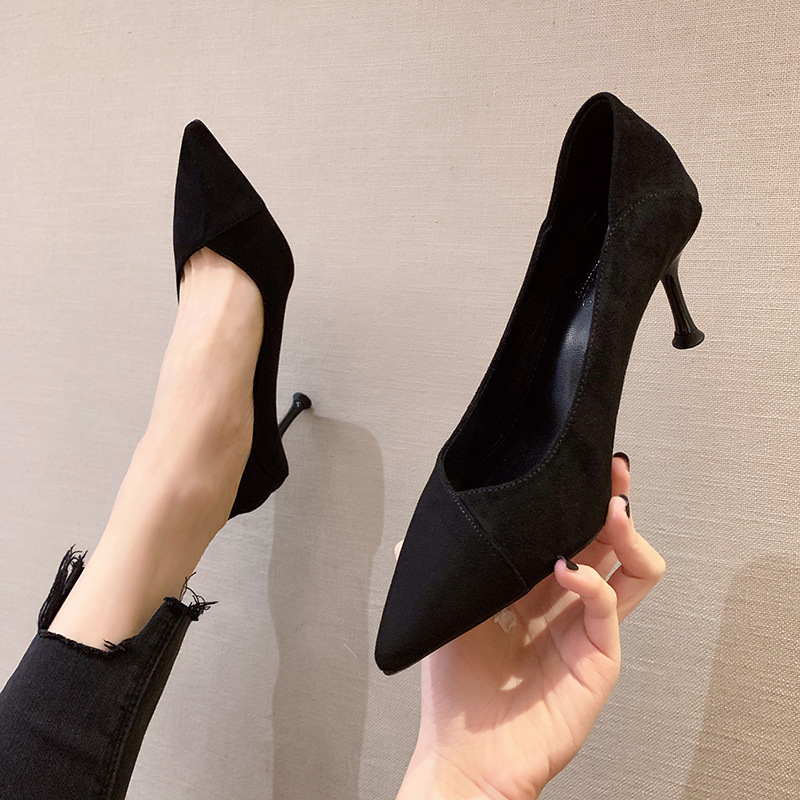 new pattern temperament Versatile Korean Edition Occupation Work shoes High-heeled shoes Stiletto black Suede Etiquette formal wear Single shoes