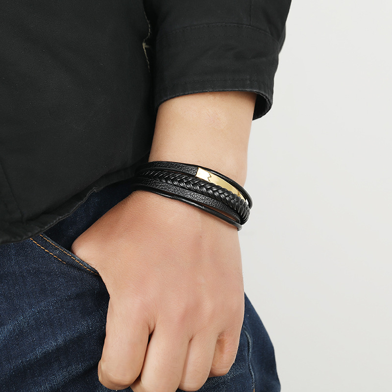 simple stainless steel hip-hop leather bracelet