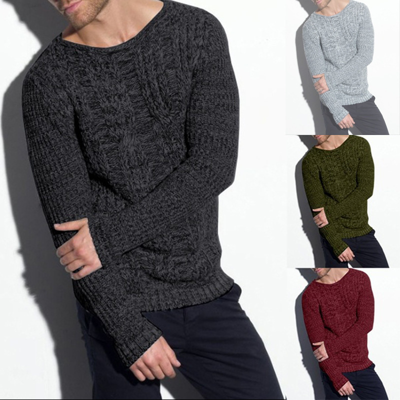 Maglione lavorato a maglia a maniche lunghe con scollo rotondo, tinta unita, da uomo, autunno e inverno 2024_voghion.com